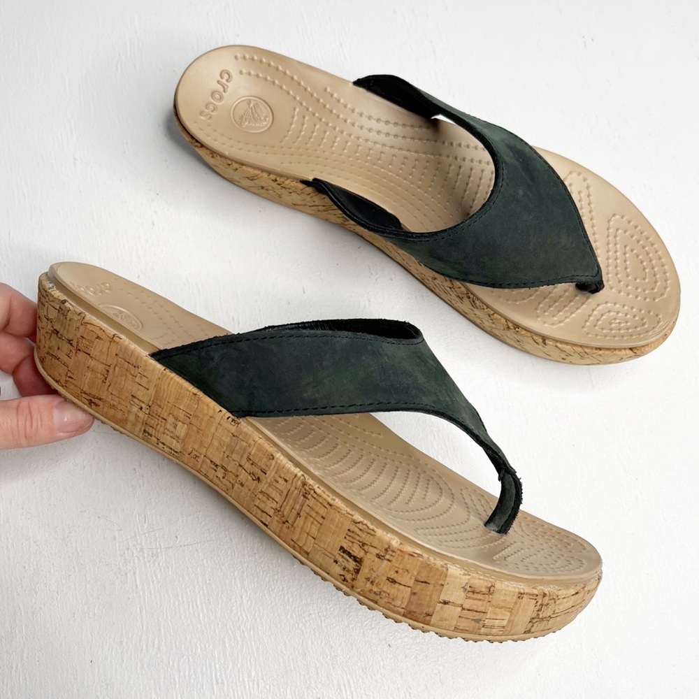 Crocs A-Leigh Cork Leather Thong Wedge Sandal